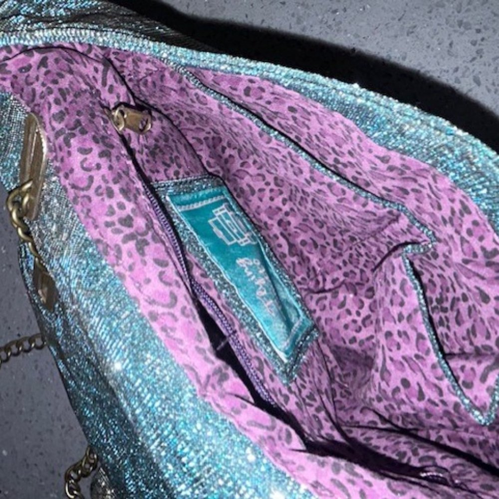 FLYING TOMATO ANTHROPOLOGIE Teal Shiny Sparkly Shoulder Bag Purse Cute! - Picture 3 of 8
